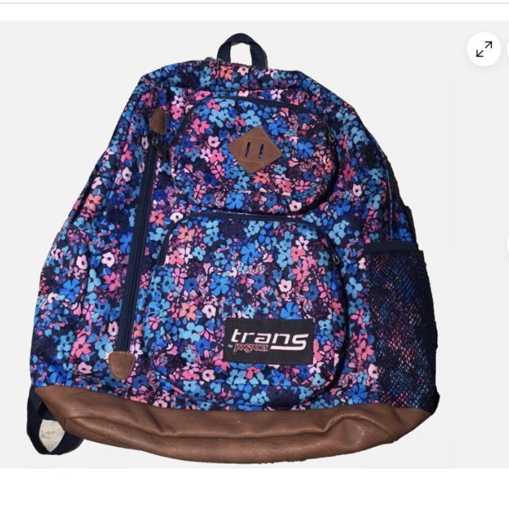 JanSport Trans 17" Pink Flowers Blue Backpack 15" Laptop Holder EUC Leather